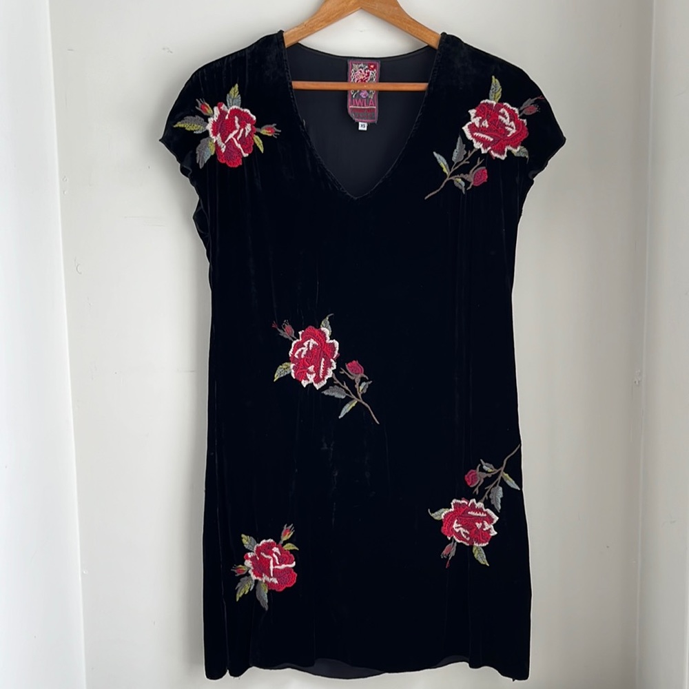 Johnny Was Black Velvet Mini Dress with Red Rose Appliqué